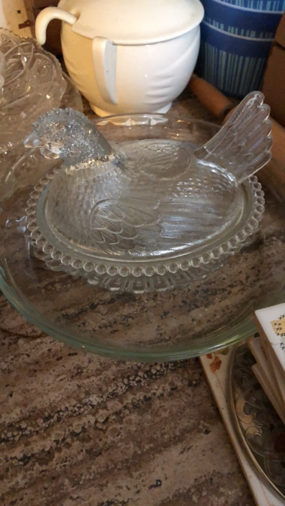 Vintage decorative crystal, hen on a nest, candy dish and a Pyrex pie pan
