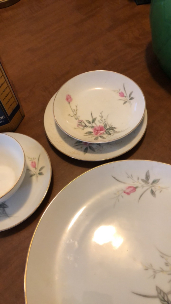Golden rose fine China, five piece place settings with serving platter, salt and pepper, sugar, sugar, dish, and creamer about 55 pieces