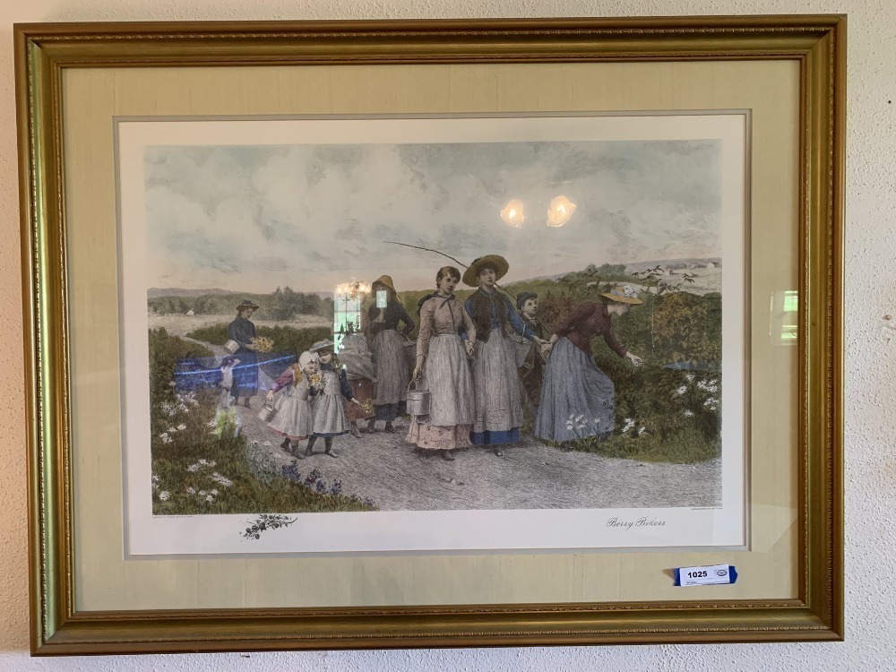 ETCHING "BERRY PICKERS" BY JAS.S.KING MATTED/FRAMED 2 WOOD WALL SCONCES W/ HURRICANE GLOBES 42" X 33" - LR