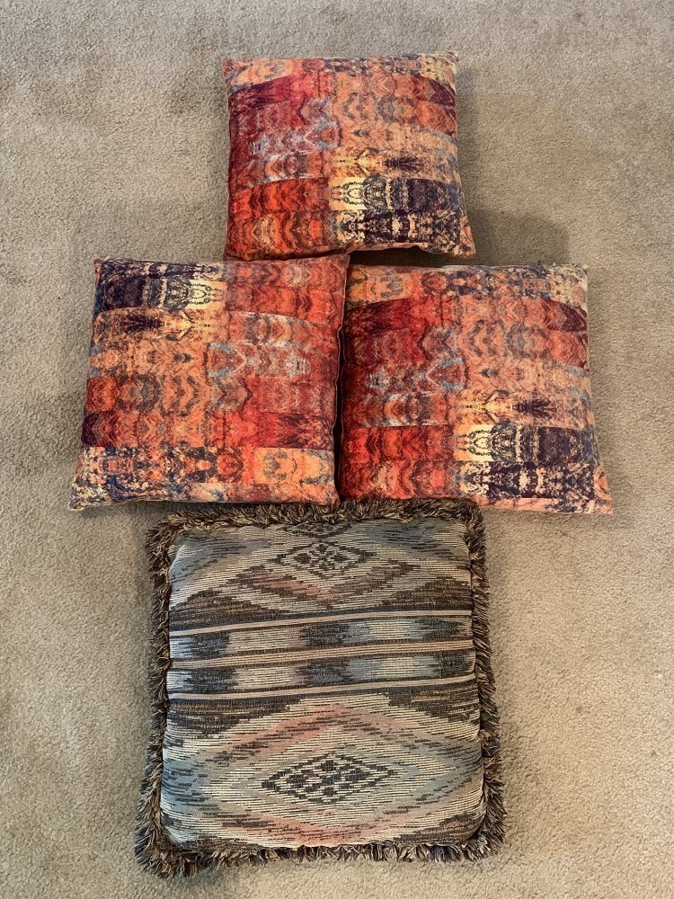 THROW PILLOWS - 3 MATCHING VELVET ABSTRACT, 1 BROWN AZTEC PRINT - LR
