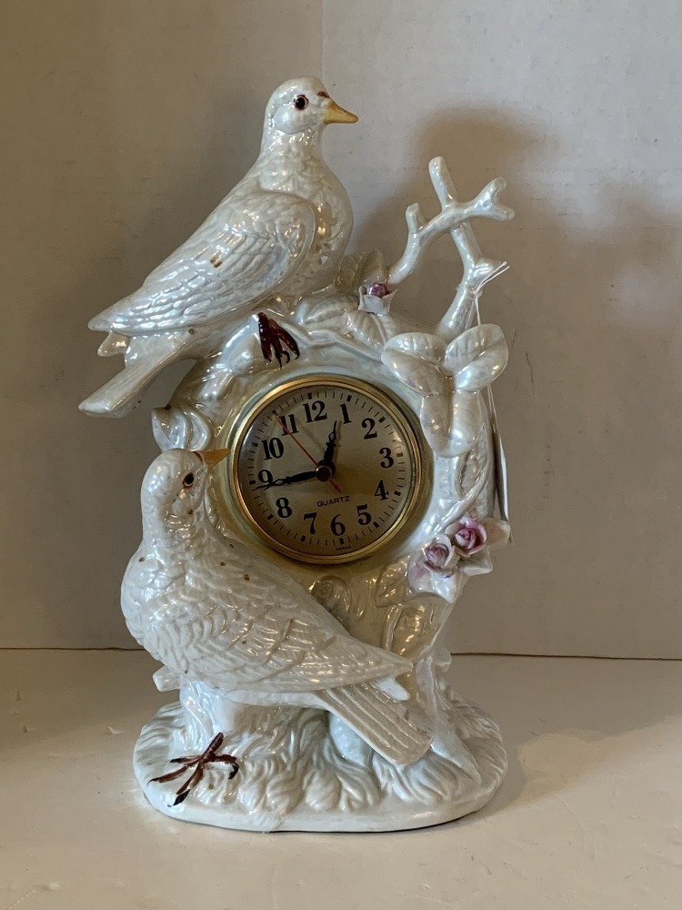 WHITE LUSTER CERAMIC DOVE CLOCK 11" TALL - LR