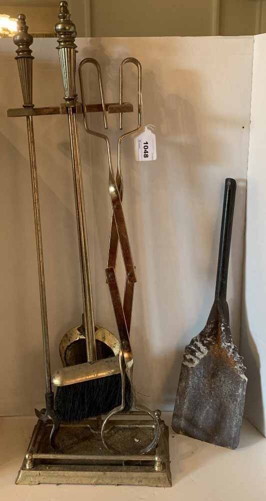VINTAGE SOLID BRASS FIREPLACE SET (4 PIECES W/ STAND) - LR