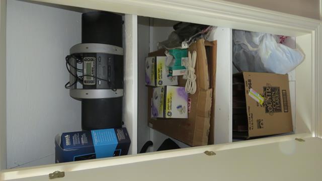 Contents of Closet - mag. lamp., pic. frames. sirius radio, plant lights, Bissell Vacuum, Bago, linens, Bulova clock, HP Printer, misc.