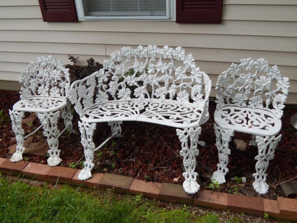 Wrought Iron Bench & (2) Chairs