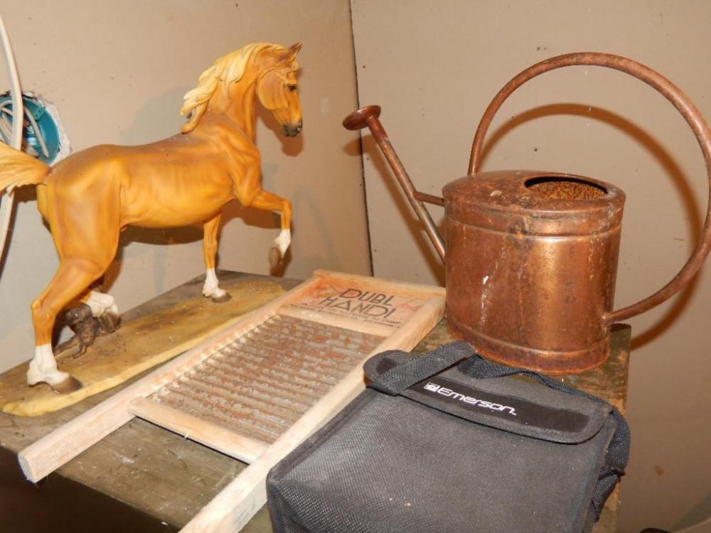 Dubl Handi Wash Board, Copper/Brass Watering Can, Binoculars & Horse Figuring
