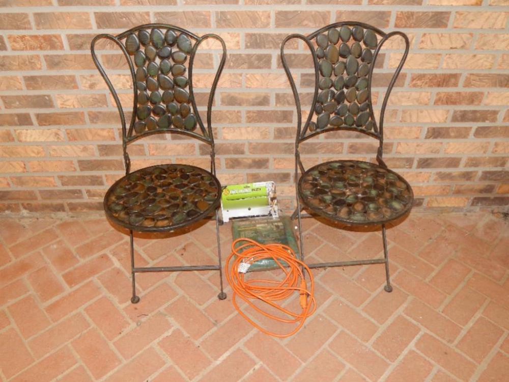 (2) Wrought Iron Chairs, Table & Chair Cover & Extension Cord