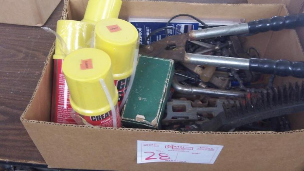(1) Box: 4 cans of "Great Stuff" (insulating foam), pruning shears, hand tools & miscellaneous tools