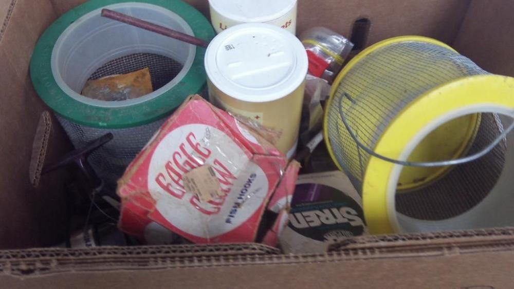 Fishing Items: cricket boxes, reel & miscellaneous