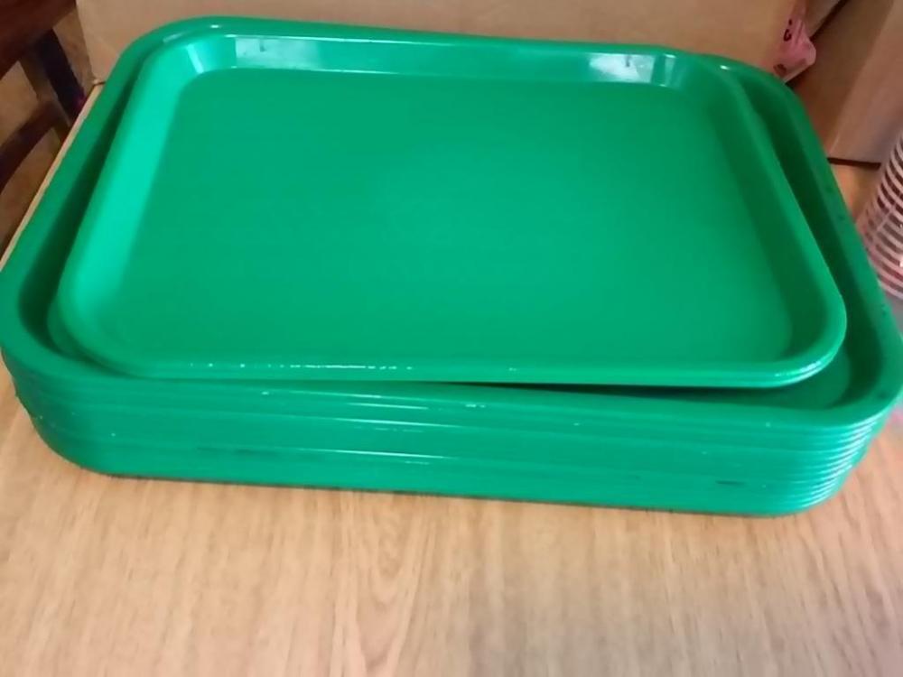 Opened Box of Clear Slim Wrapped Straws, 14 Cafeteria Trays, 2 Opened Boxes of Plastic "Thank You' Bags, Plastic Cups