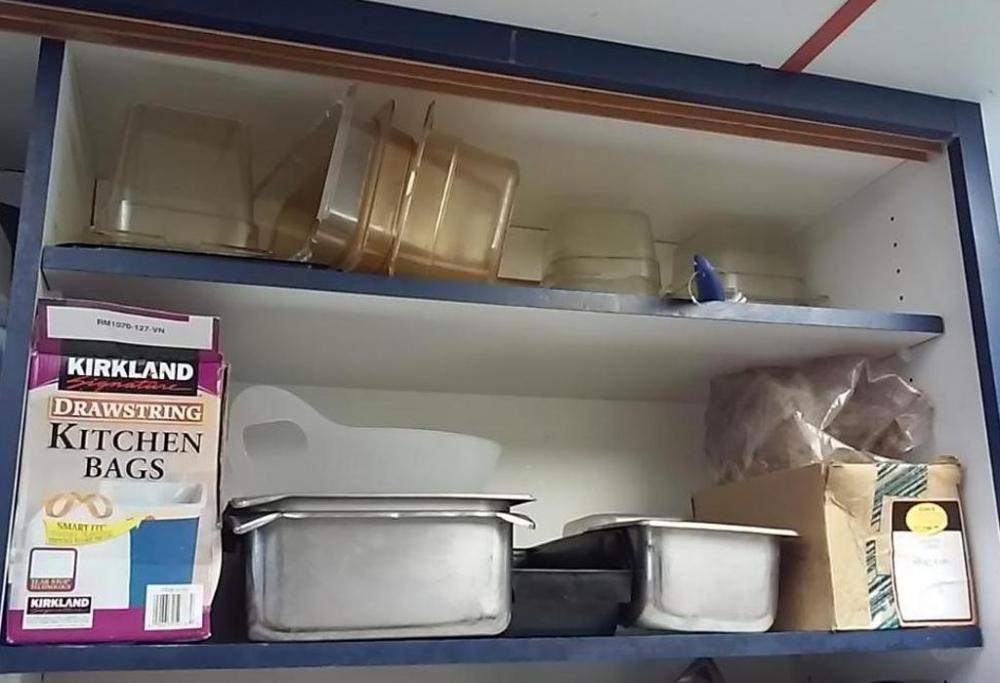Contents of Shelving- Pizza Pans, Trash Bags, Food Containers, etc