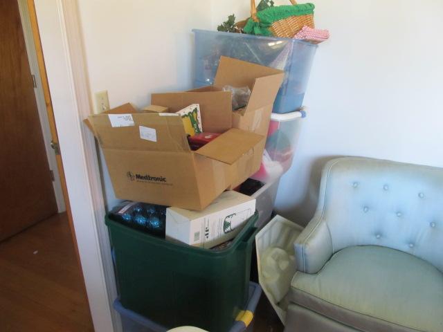 Several totes of Christmas decorations