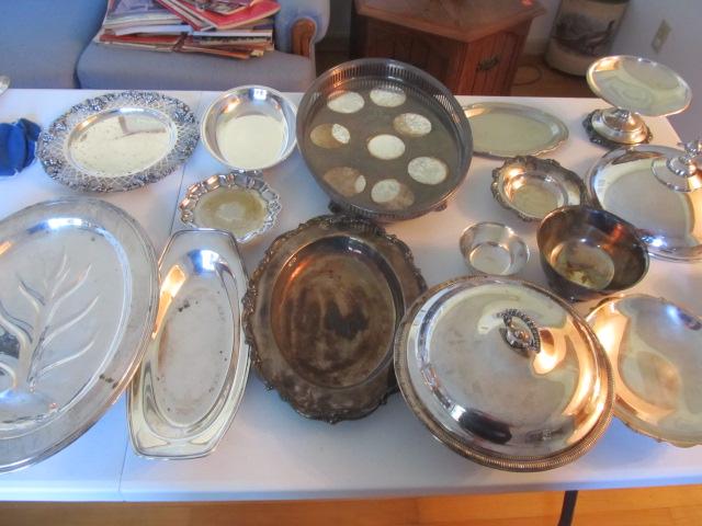 Silver plate trays, covered dish and dopts