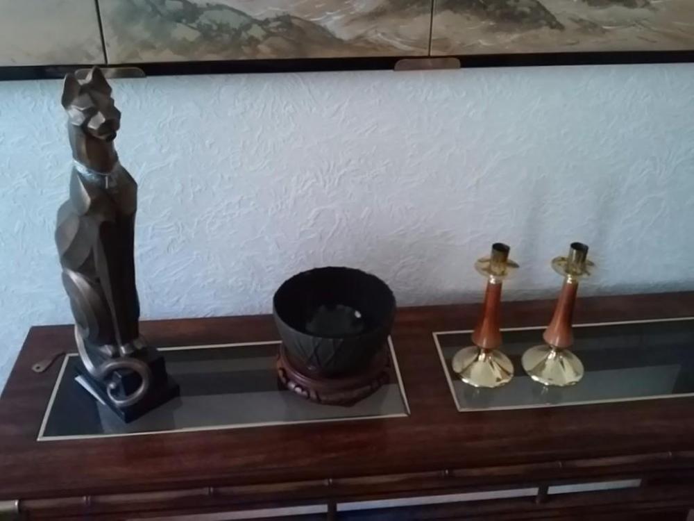 Candlesticks, cat statue, cast iron with enamel glaze potpourri bowl