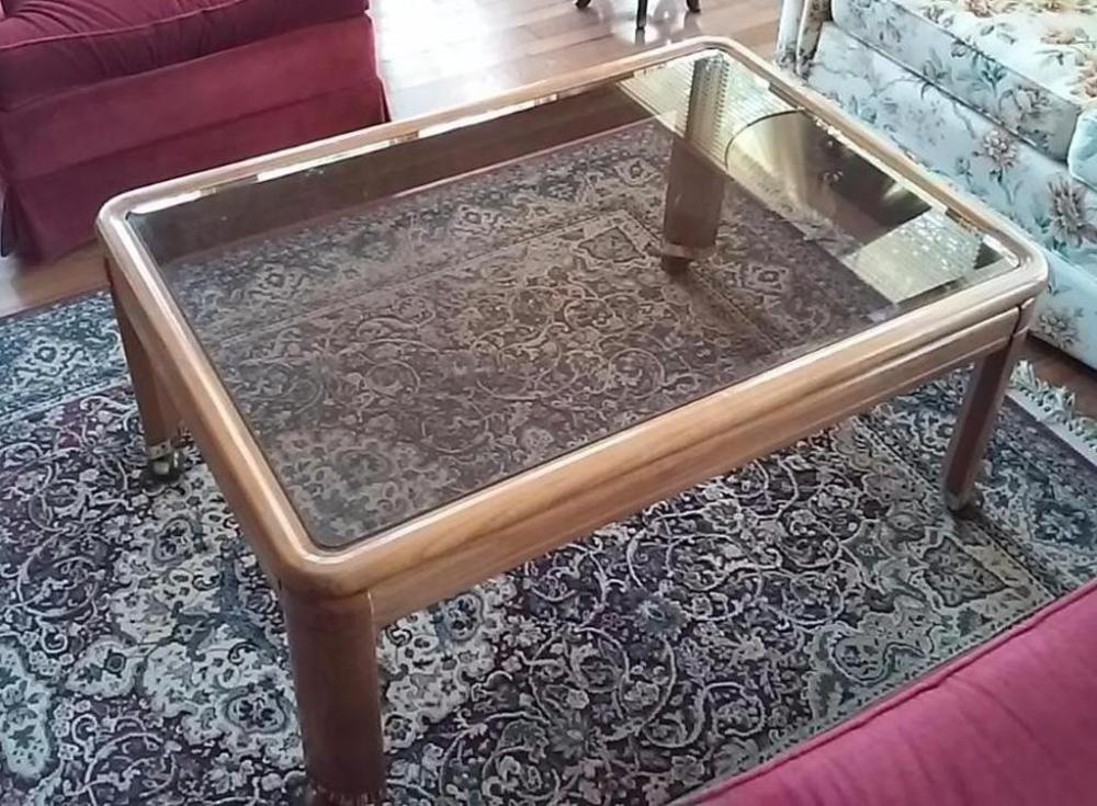 Wooden & Glass coffee table on wheels