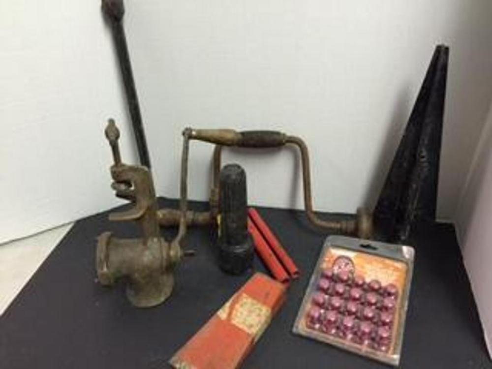 Vintage Hand Drill, Vintage Grinder, Wedge, lug nuts spade, flashlight