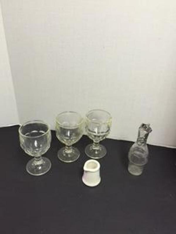 Glassware lot, 3 stem glasses, 1 creamer, 1 oil decanter (chipped at top)
