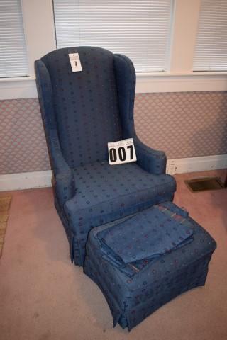 Upholstered wing back chair w/ottoman