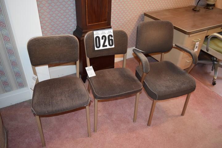3 Upholstered metal chairs, one has arms