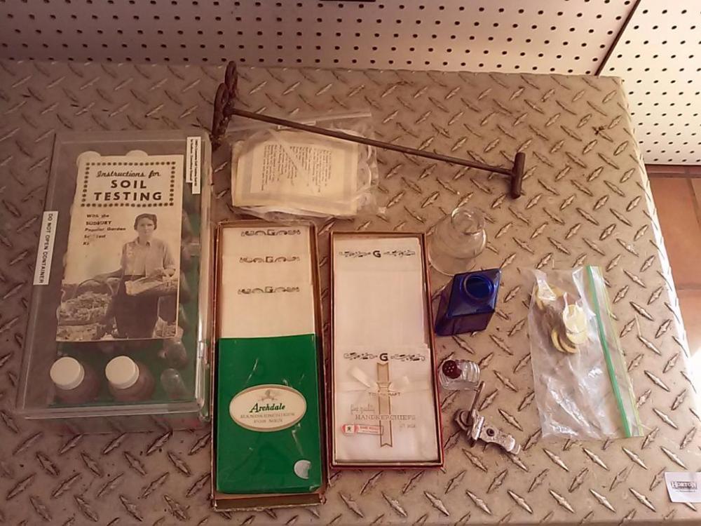Soil Testing Kit, Handkerchiefs, Tiny Glass Bottles, Vaughan Can Opener