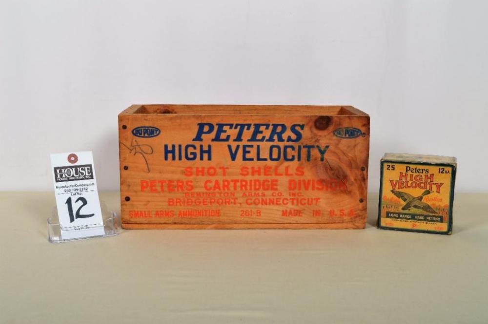Fabulous collectible Peters 410 gauge wooden ammunition box and a great Peters 12 gauge shell box that appears full.