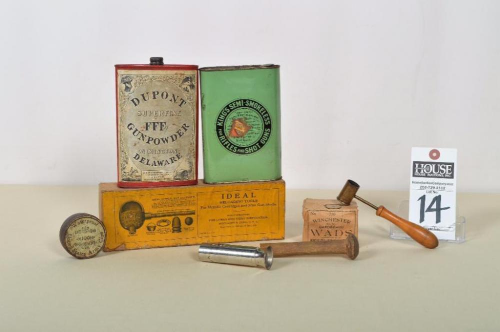 Fantastic assortment of collectible items includes a DuPont Gunpowder tin, Winchester Cardboard Wads, reloading tools and more!