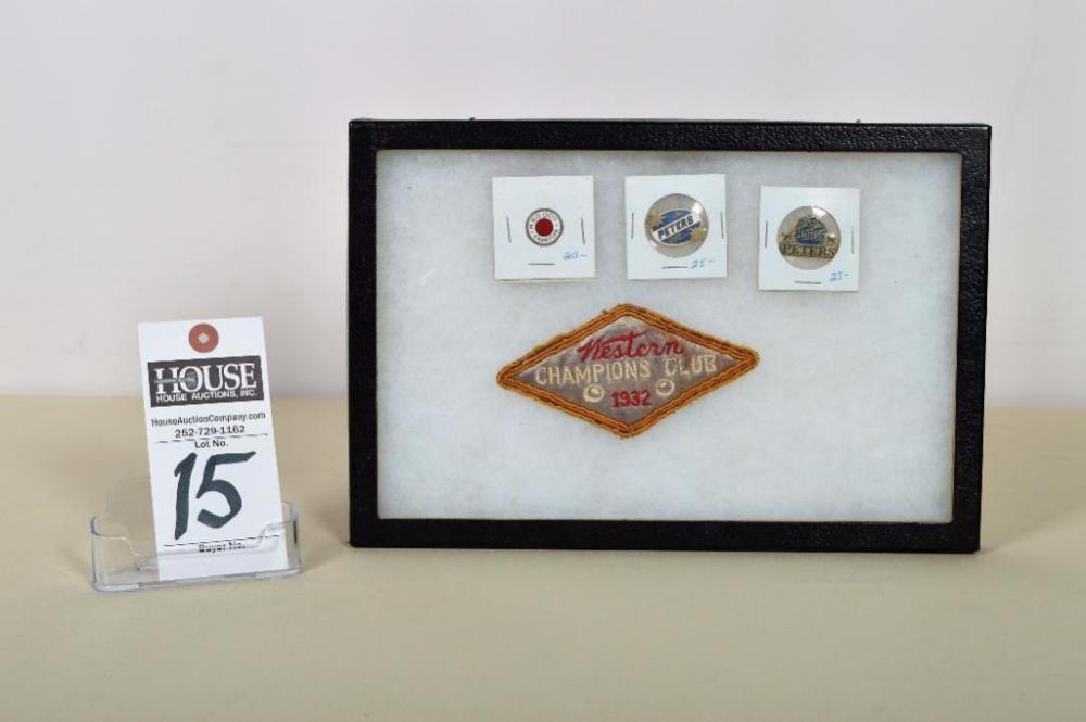 Wonderful array of collectible firearm pins and patches, including a 1932 Western Champions Club patch and Peters Grand American pins!