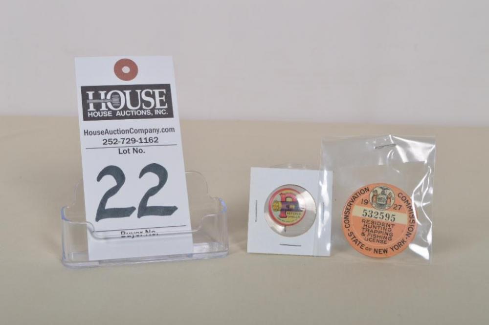 Amazing vintage collectible Peters pinback, possibly celluloid, and a 1927 State of New York Resident Hunting, Trapping, & Fishing License.