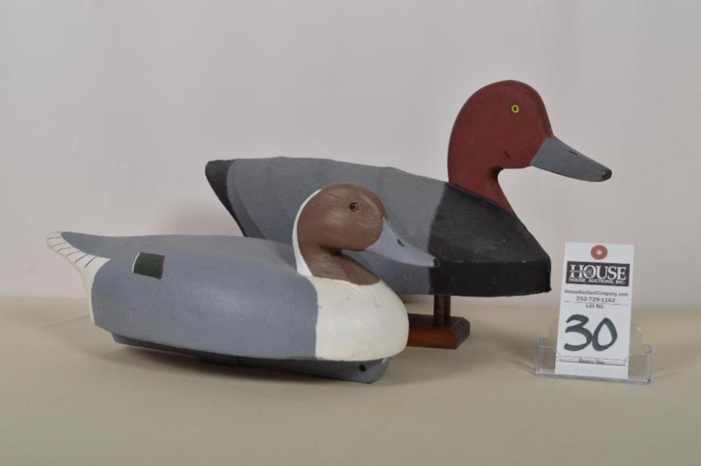Terrific pair of decoys includes a Drake Redhead made by Clifton Lupton, and a Wildfowler decoy with contemporary repaint by Donald Fulcher.