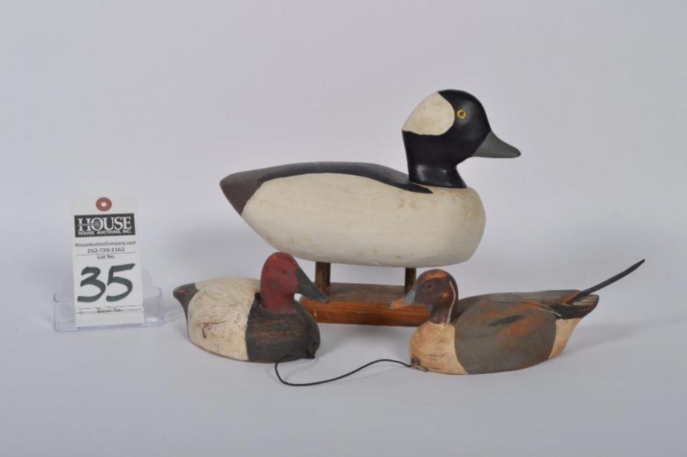 Neat pair of miniature Robbie Robertson (Greensboro, NC) pintails, hen and drake, accompanied by a nice Drake Bufflehead by Willie G. Lewis, Otway, NC