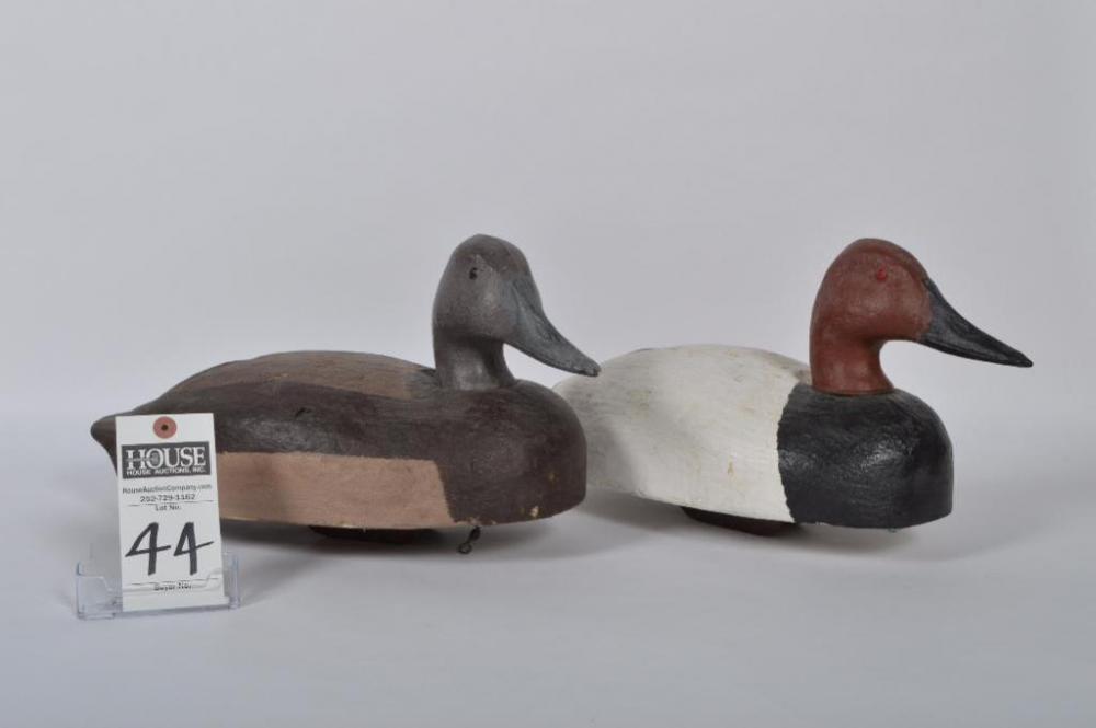 Wonderful pair of Herter's balsa wood Canvasbacks, Drake and Hen, with original rigging and in gunning repaint.