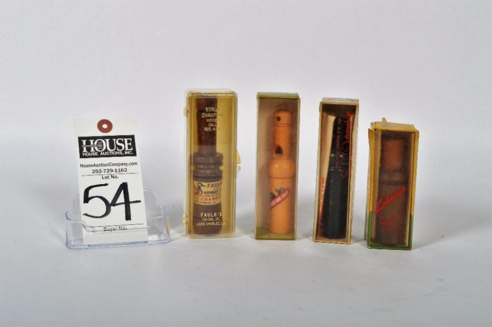 Terrific set of (4) waterfowl calls, including an Olt Mallard call, a Lohman Goose, a Black Duck Quail call, and a Faulks World Champion Honker call.