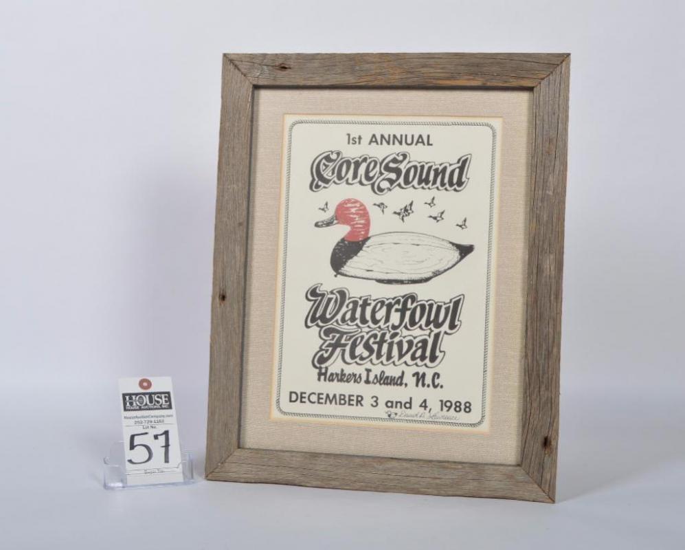 Amazing and rare framed poster from the 1st Annual Core Sound Waterfowl Festival, Harkers Island, NC, 1988, signed by David A. Lawrence.