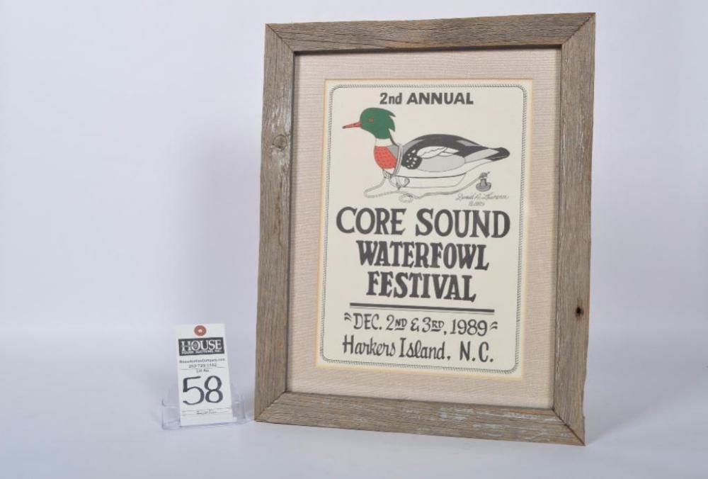 Wonderful framed poster from the 2nd Annual Core Sound Waterfowl Festival, Harkers Island, NC, 1989, featuring artwork by David A. Lawrence.