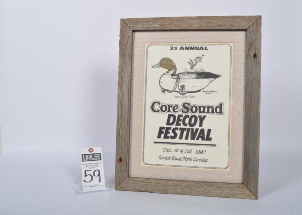 Fabulous framed poster from the 3rd Annual Core Sound Decoy Festival, Harkers Island, NC, 1990, featuring artwork by David A. Lawrence.