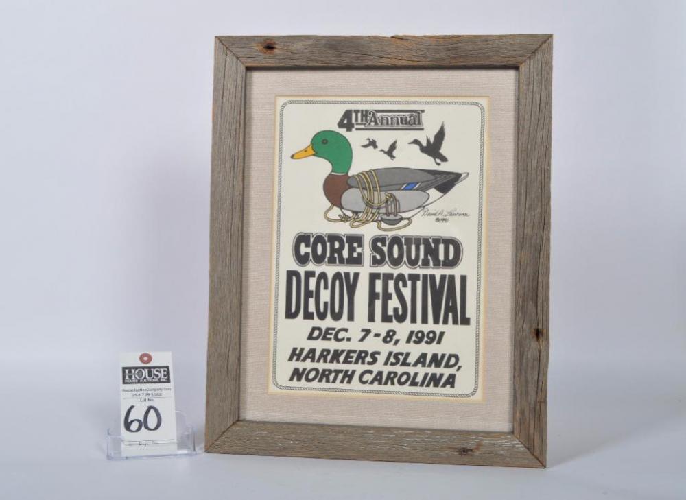 Terrific framed poster from the 4th Annual Core Sound Decoy Festival, Harkers Island, NC, 1991, featuring artwork by David A. Lawrence.
