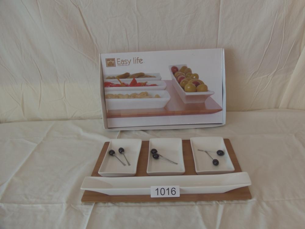 Appetizer set, 4 ceramic pieces, cocktail picks & bamboo tray