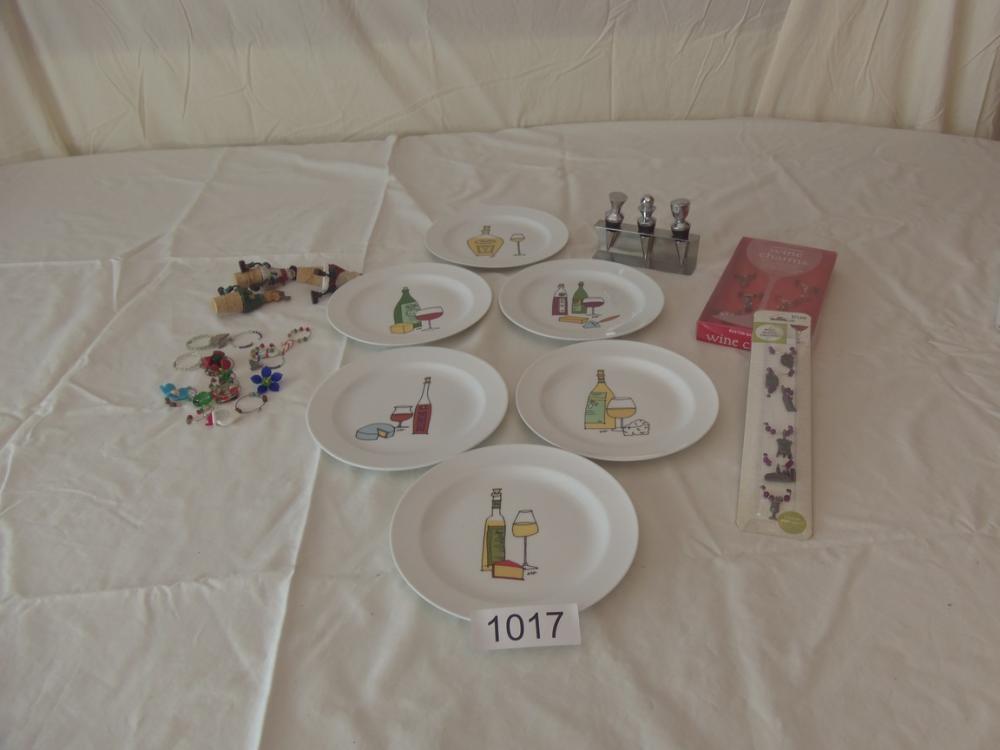 Wine charms, wine stoppers, wine and cheese motiffs plates