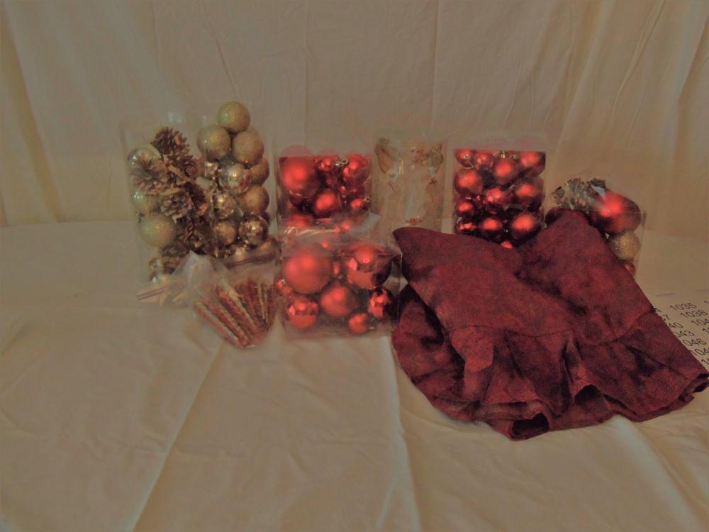 Red & Gold Christmas tree ornaments w/Angel-tree skirt