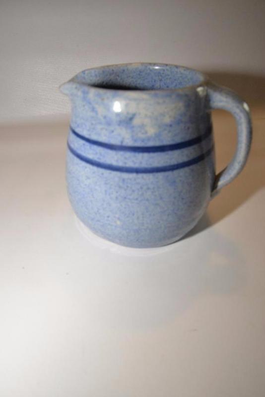 STONEWARE PITCHER WITH DARK BLUE RINGS HAIRLINE CRACK image