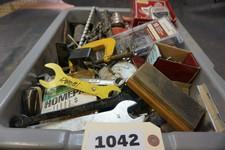 Misc box of drill bits, hand tools, knife sharpening stone & more, flush hinges