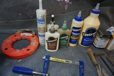 Misc box of various files, bottles of wood glue, razors, gas mask, micrometer & more