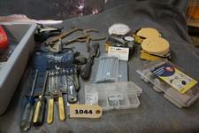 Misc box of Mirka 220, 100, 120 grip sand paper, surface protection kit, small paint brushes, hand tools & more