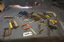 Assorted wood chisels, assorted squares-speed squares, level squares, bucket & hand tools