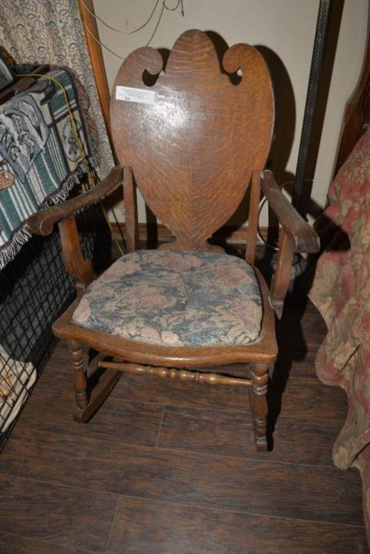 OLD OAK ROCKER CARVED BACK - SOLID ARMS - CLOTH SEAT image