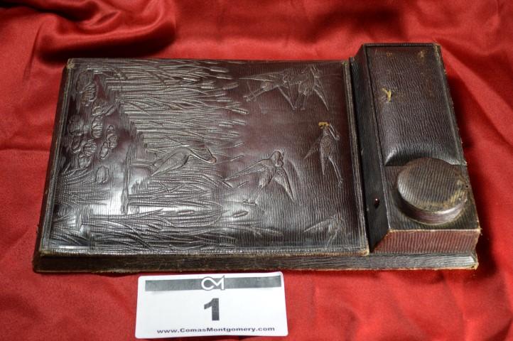 Antique Inkwell: Embosses leather scribe, 12.5 x 8