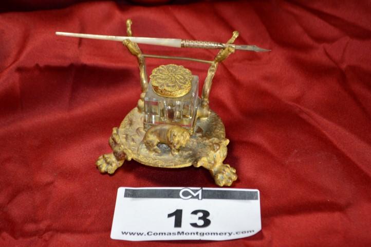 Antique Inkwell: Cast base w/pen   3x4x4