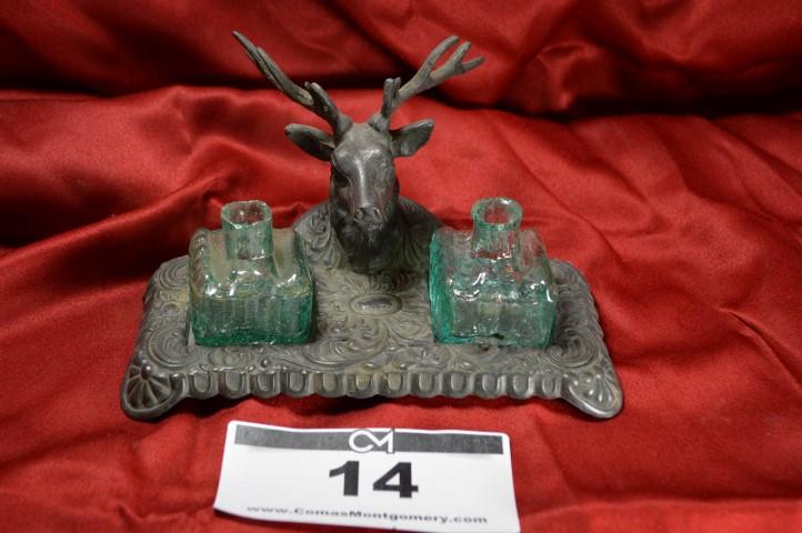 Antique Inkwell: Stag cast base 4x7.5.5.5