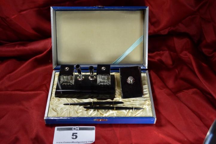 Antique Inkwell: Executive desk set w/stamp in box