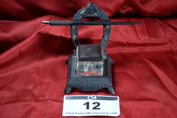 Antique Inkwell: Cast base w/pen 5x4x4