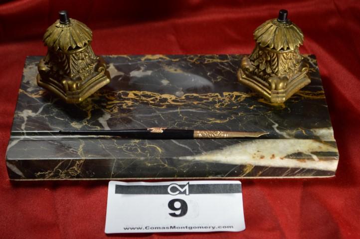 Antique Inkwell: Marble base Executive set w/pen 4x10x5